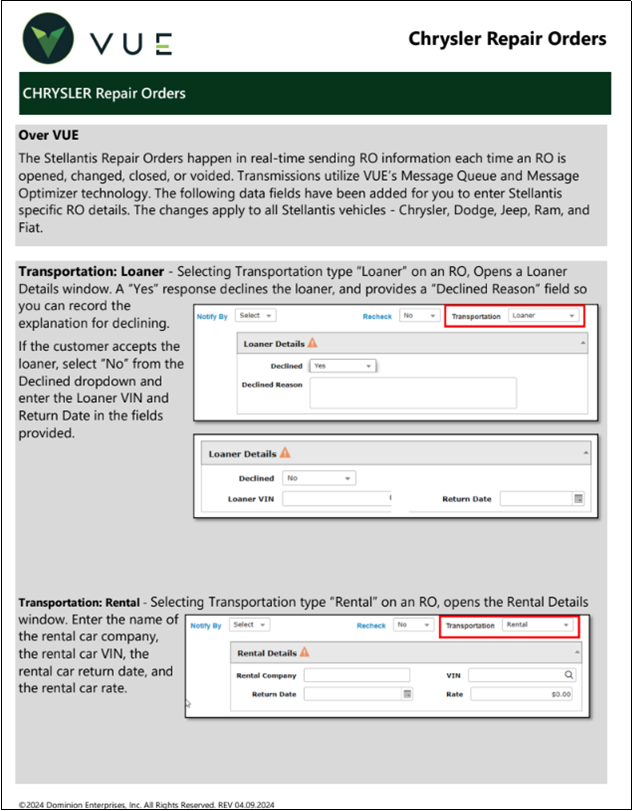 Chrysler Repair Orders