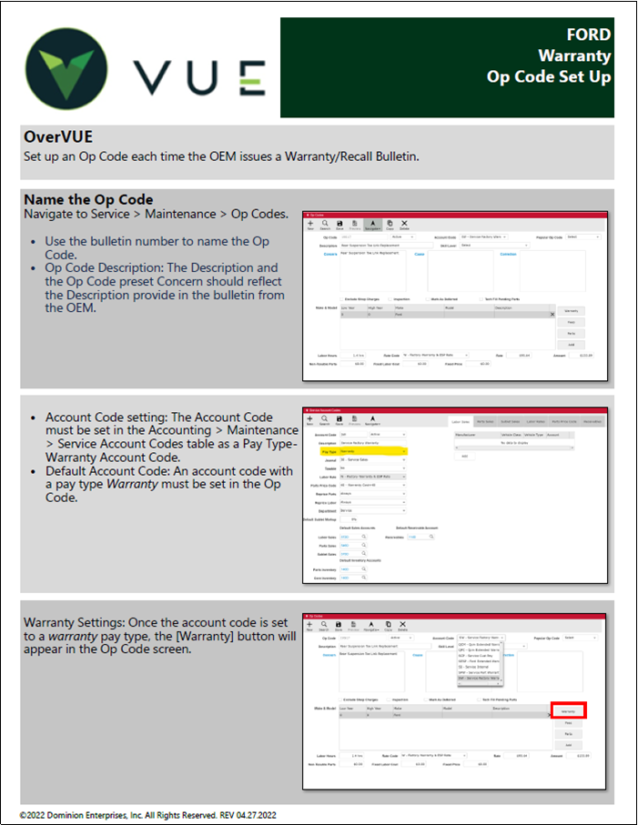 Ford - Warranty Op Code Setup