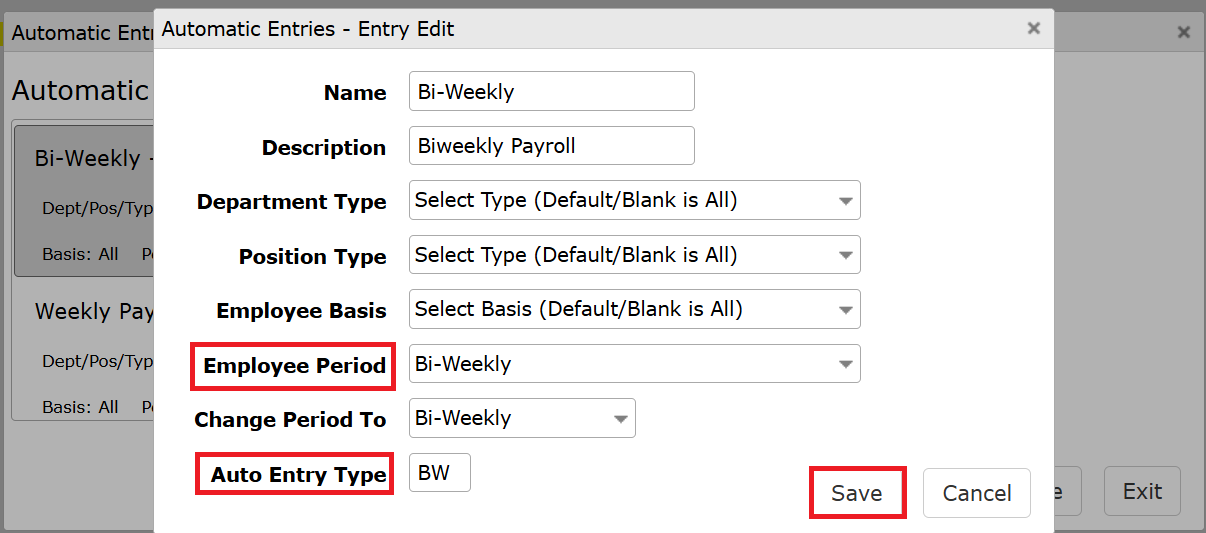 Making Job Entry Code Payroll Automatic Entry/ Edit
